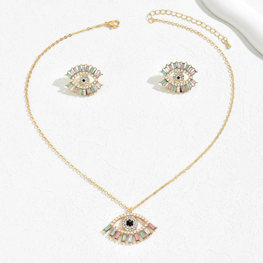 Hip Hop Simple Wind Necklace Earrings Women's Personality Angel's Eye Design Diamond Earrings Versatile Long Necklace