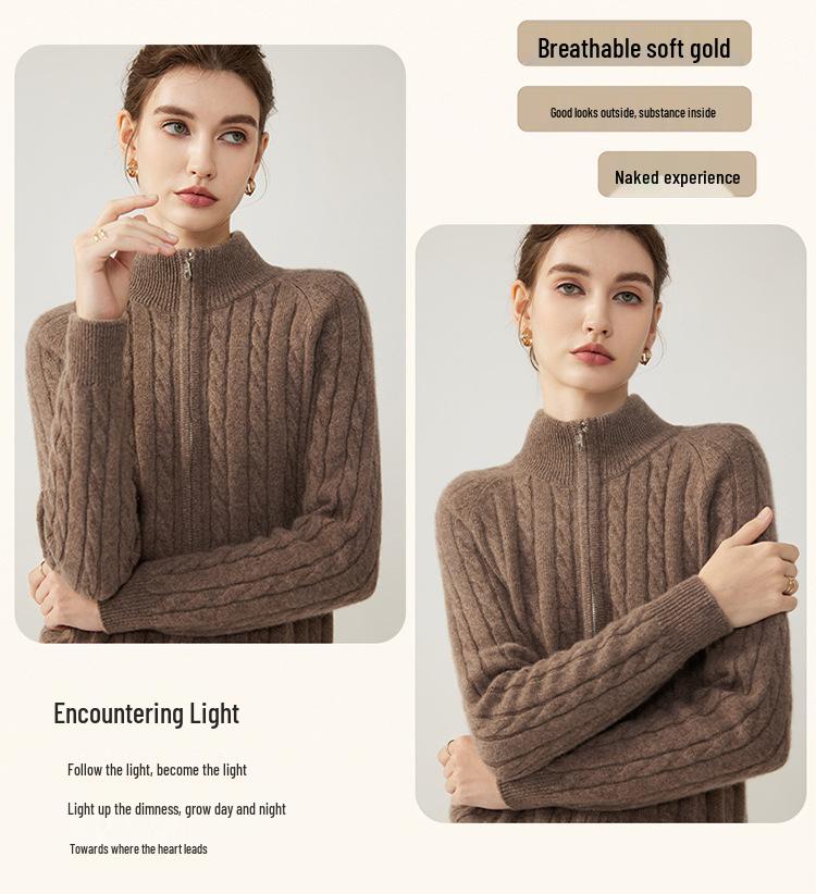 Pure Cashmere Cable Knit Zipper Cardigan Coat