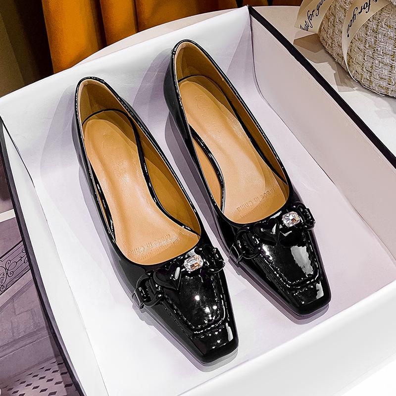 Square head single shoes shallow mouth women's shoes new patent leather red wedding shoes niche temperament high heels women's stiletto
