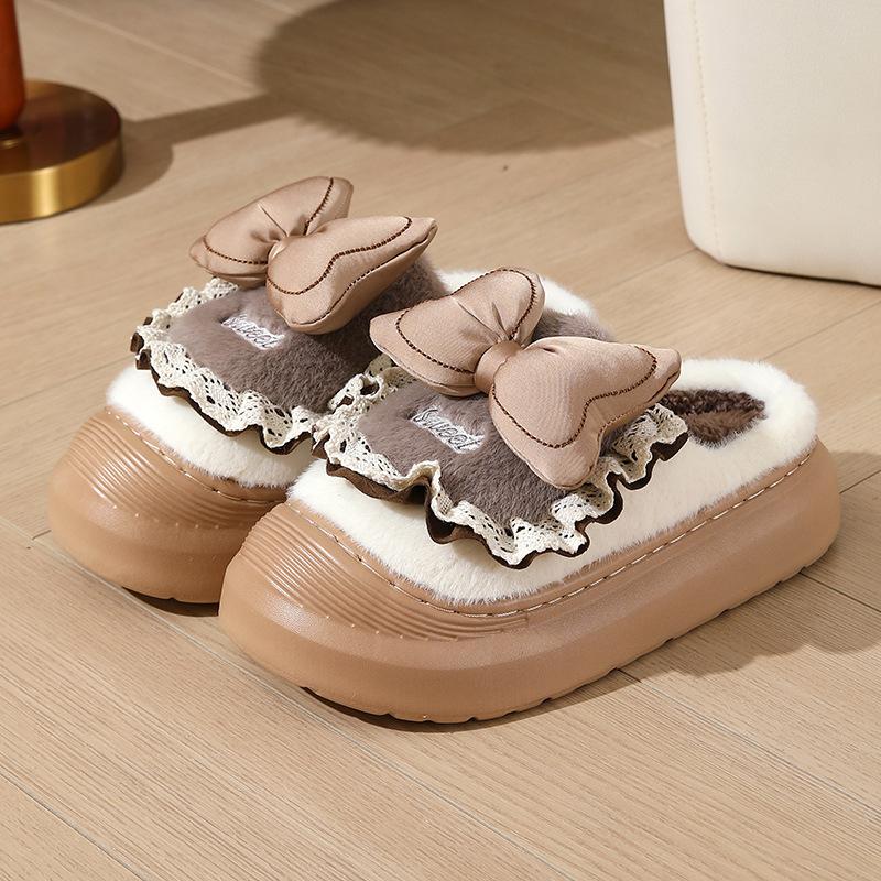 Lolita Bow Cotton Slippers Winter Shoes Women External Wear Non Slip Warm Home Cotton Shoes Thick Sole Comfort Zapatos De Mujer