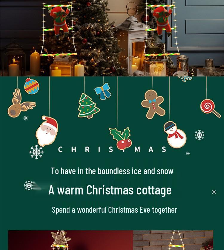 Santa Claus lezoucí po žebříku Dekorace na vánoční stromek a okno Světla
