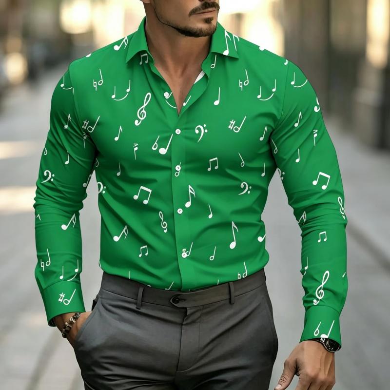 Men's Music Note Print Long Sleeve Shirt Fashion Slim Fit Button Down Casual Blouse Tops