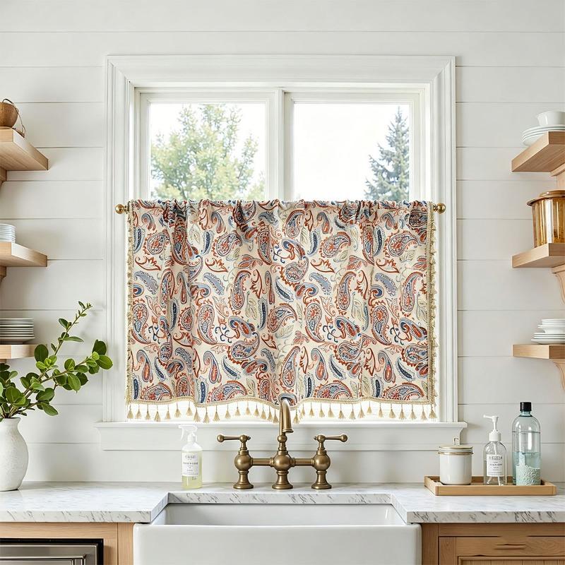 

1PCS Rodless Bohemian Patterned Kitchen Half Curtain Cashew Patterned Coffee Curtain Toilet Curtain Retro Tassel Decoration for Dust and Ugliness width 100x height 45cm