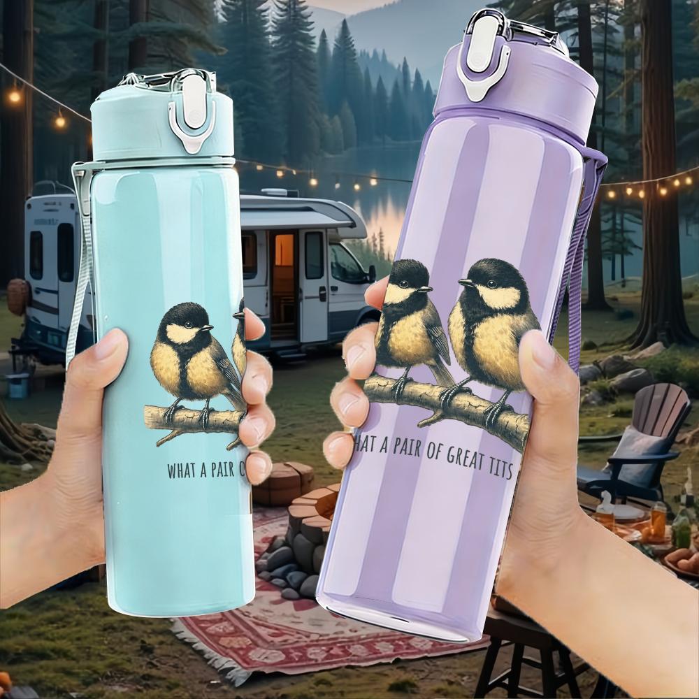 1PC Two Small Wild Birds Retro Print 750ml colorful plastic sports water bottle leakproof pop up lid with straw for outdoor work home use