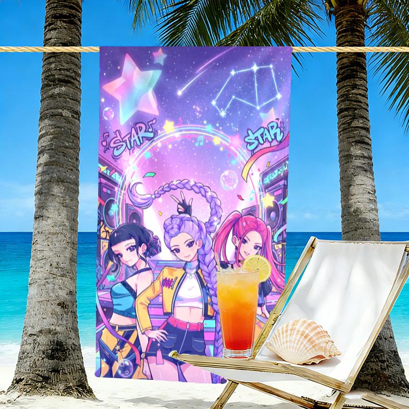 KPop Demon Hunters Print Beach Towel Design, Soft, Lightweight. for Home Bathroom, Spa, Pool, Yoga, Surfing, Camping, Gift for Family, Friend