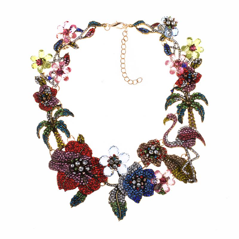 

Fashion Colorful Crystal Rhinestone Flamingo Choker Necklace Women Indian Ethnic Statement Large Collar Big Bib Necklace Jewelry