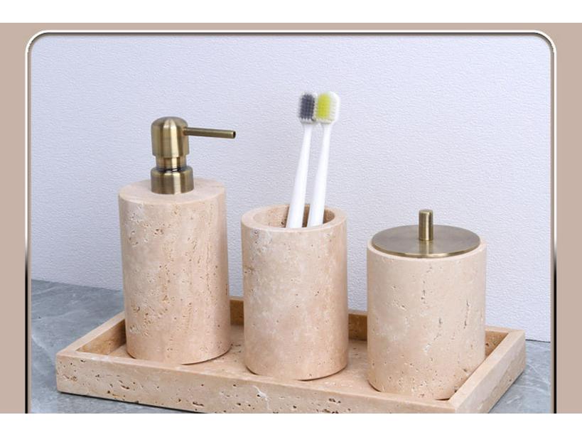 Badezimmerset aus gelbem Marmor im chinesischen Stil: Tablett, Aromatherapie-Ornament, Handseifenspender & Taschentuchbox.