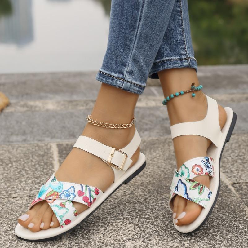 Printed Belt Buckle Women's Sandals Wish New Flat Open-toed Summer Outer Wear Beach Shoes