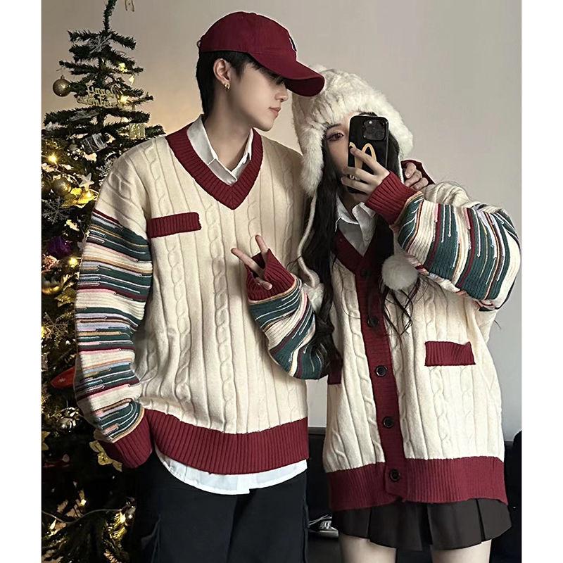 

Уютный рождественский кардиган в полоску пэчворк для пары - Коллекция осень/зима 2XL