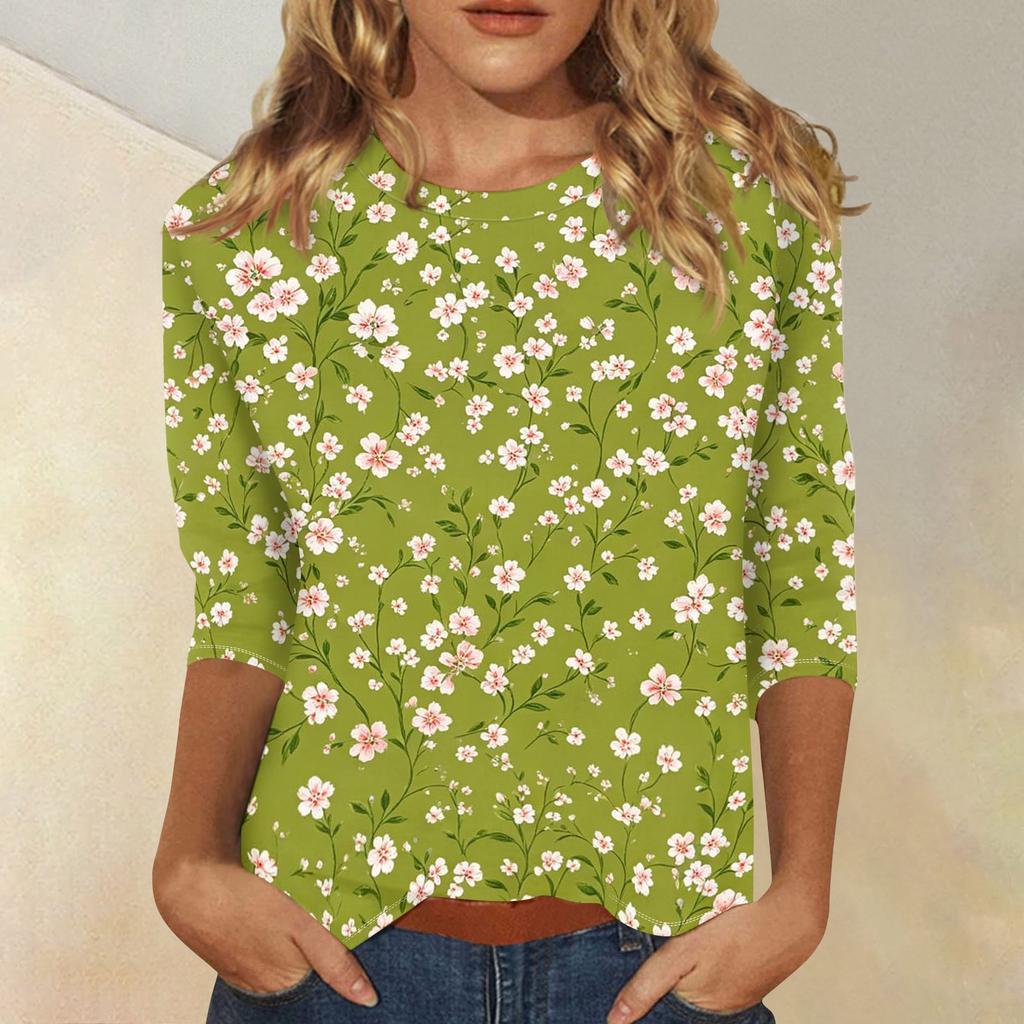 Damen Casual Oberteil mit Dreiviertelärm, Blumenprint, Rundhalsausschnitt, Lockerer Schnitt, Leichter Pullover-Bluse für den täglichen Gebrauch