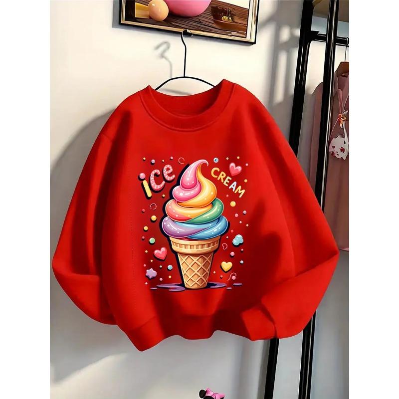 European Sizes Kids' Round-neck Hoodie - Colorful Swirl Ice Cream Cone Pattern , Sportswear And Casual Wear, Soft And Comfortable