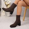 Женские зимние вязаные слипоны ботильоны на толстом каблуке - Эластичный квадратный носок, застежка от круглого до острого носка, мягкая тканевая подкладка и поддержка свода стопы