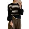Autumn New Black and White Striped Splicing Fake Two-piece Sweater Knitted Sweater Women's Design Bubble Sleeve Top