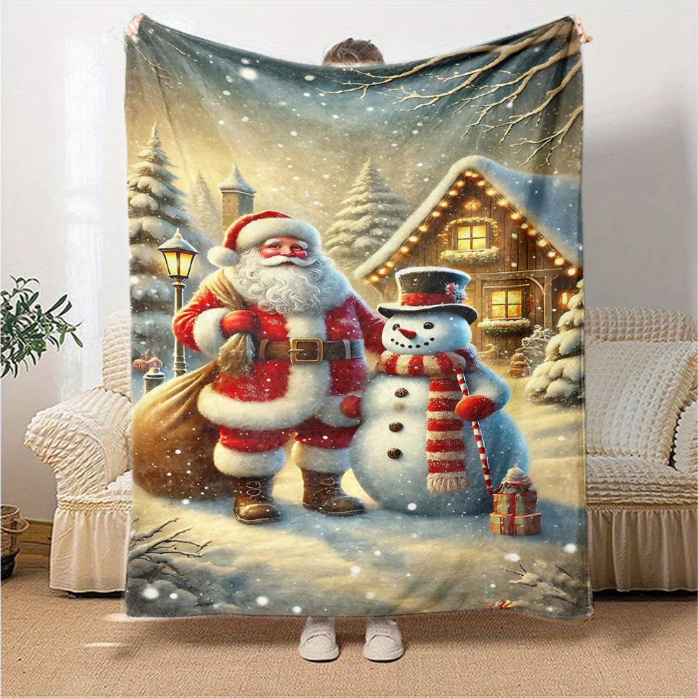 1pc Santa Claus Snowman Blanket Lightweight Flannel Throw for Sofa Bed Travel Camping Livingroom Office Couch Chair