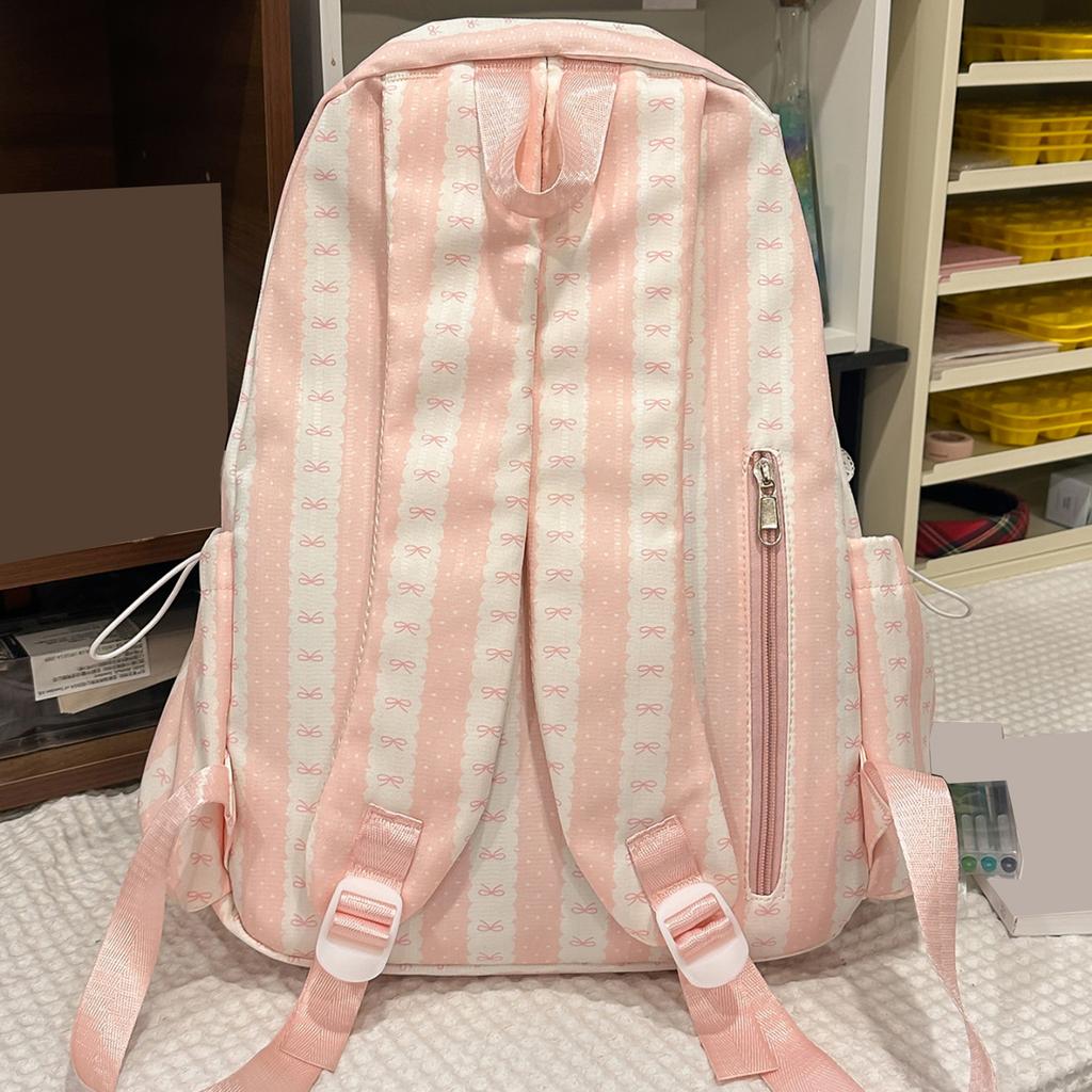 Nylon Bow Printed Lightweight Travel Bag Large Capacity Aesthetic Daypack Bow Rucksack Multi-pocket for Teens Girls Students