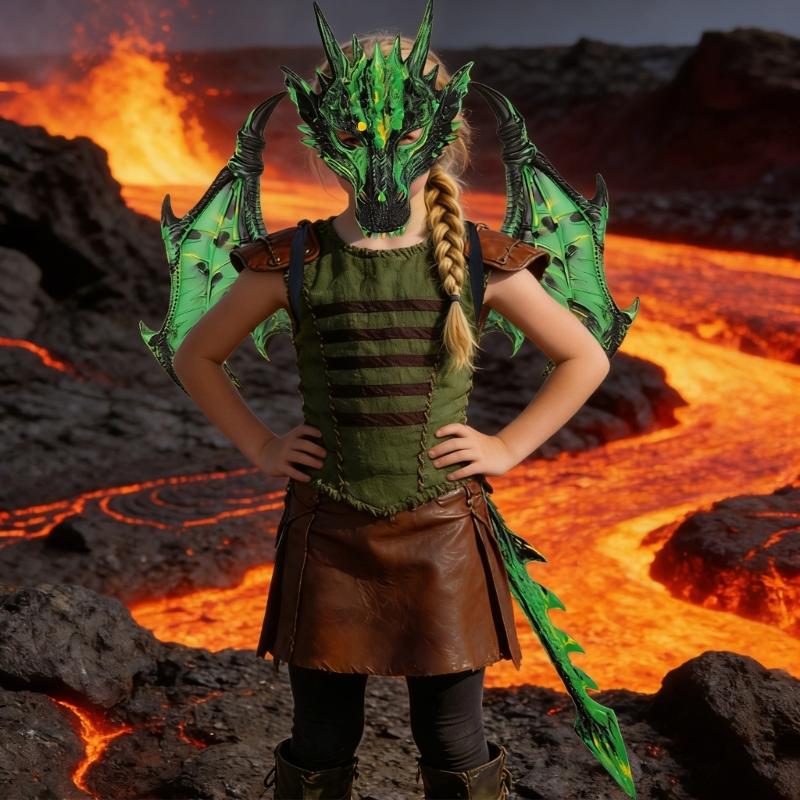 Drachenkostüm für Kinder Jungen Mädchen, Drachenflügel Schwanz Masken-Set, Halloween Dinosaurier Cosplay Kostüm Zubehör