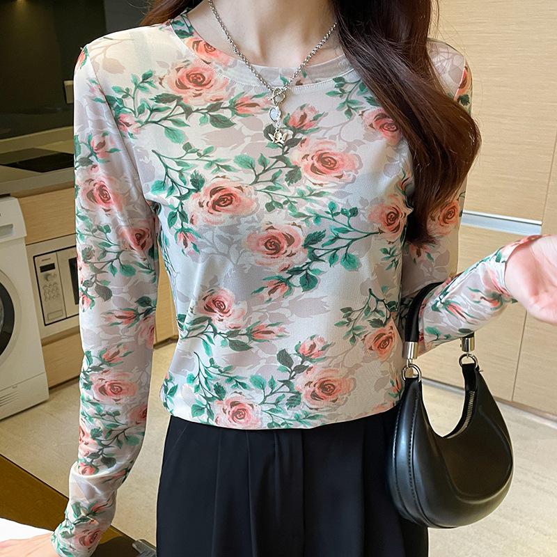 Retro Floral Print Mesh Women's Long Sleeve Sun Protection T-Shirt