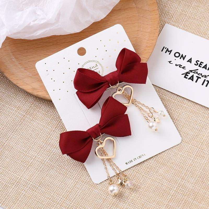 1 Pair Set Bow Hairpin Red Love Pendant Pair Clip Girl Heart Cute Hairpin Ponytail Hair Accessories Female Hair Clips for Women