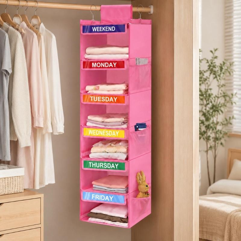 Hanging Closet Shelves for Kids Clothes, 6 Section Weekly Storage with Side Pockets and Fabric Shelf Design for Home Use