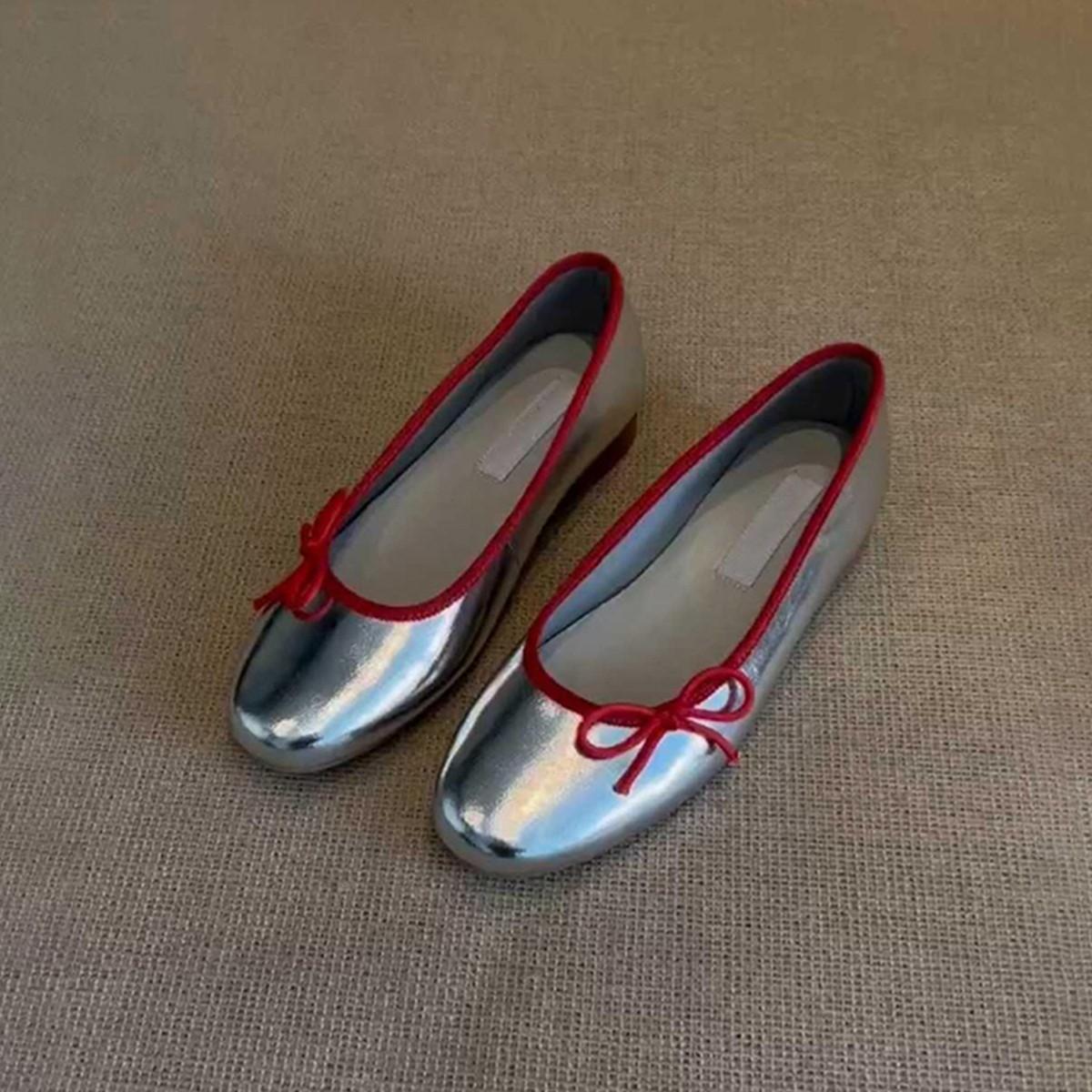 

Женские балетки с бантом серебристого цвета, весна 2025, новые туфли Мэри Джейн с одной педалью и мягкой подошвой на плоской подошве 40