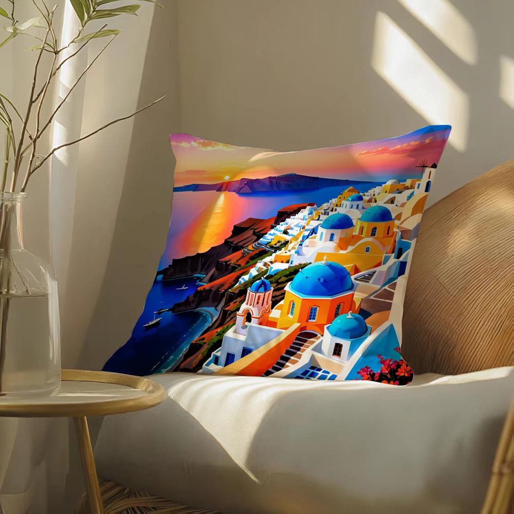 Santorini Landscape Cushion Cover Soft Short Plush Pillow Cover Smooth Cozy Texture Aesthetic Cushion Case Home Decor
