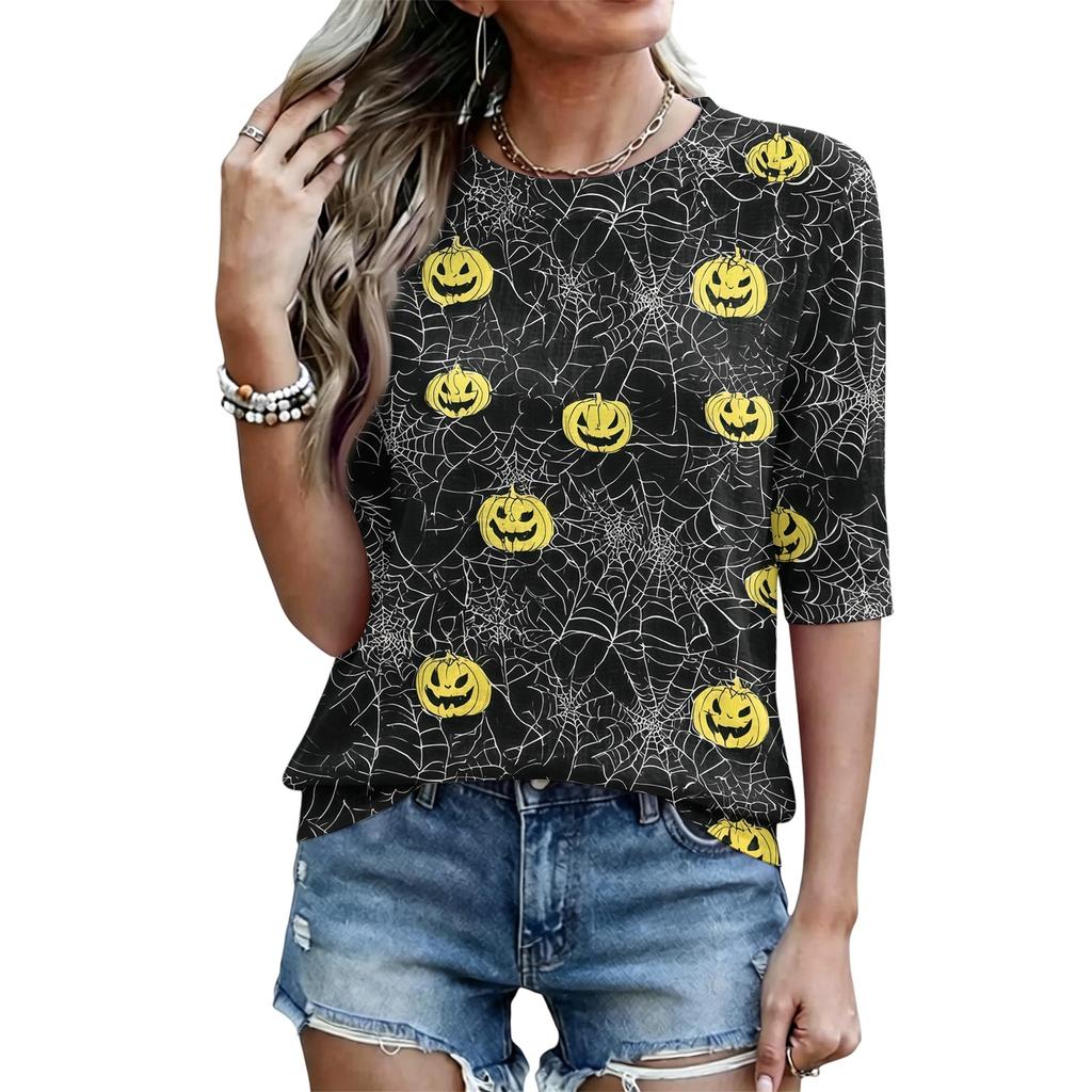 Women Casual Loose Fit Short Sleeve T Shirt Round Neck Lightweight Halloween Pumpkin Web Pattern Top