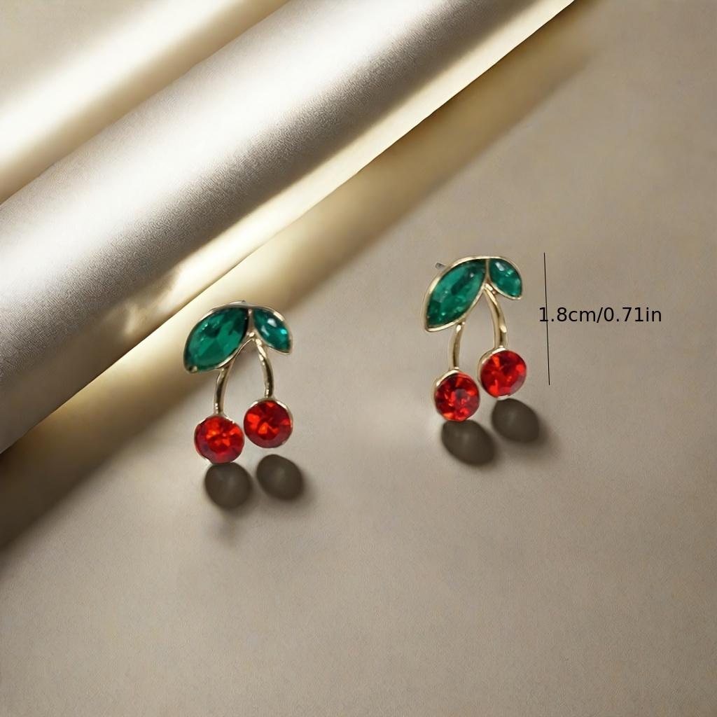 A Pair of Elegant Cherry Earrings, Inlaid with Sparkling Stone Decoration, Zinc Alloy Material, Suitable for Women's Fashion Wear