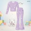 Girls Black Blue Printed Round Neck Long Sleeve Top Flared Pants Two Piece Set