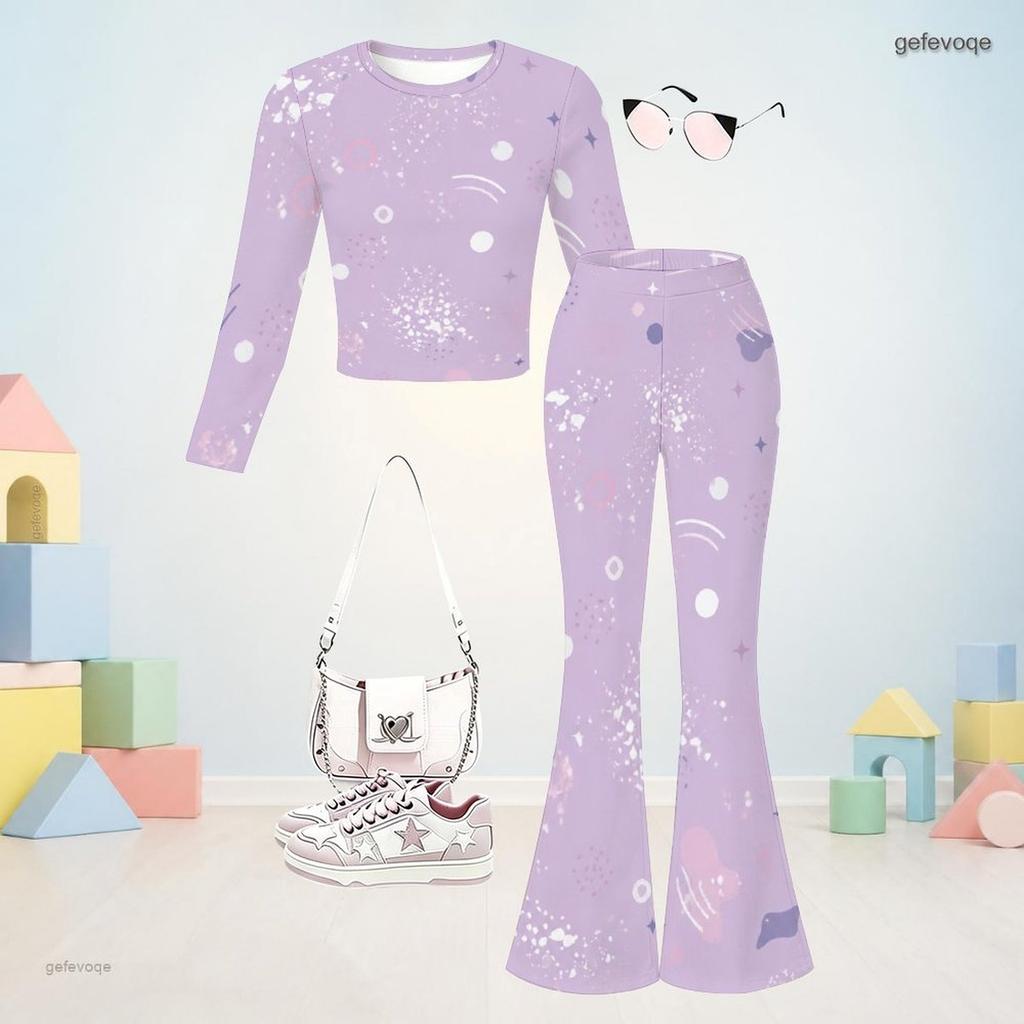 Girls Black Blue Printed Round Neck Long Sleeve Top Flared Pants Two Piece Set