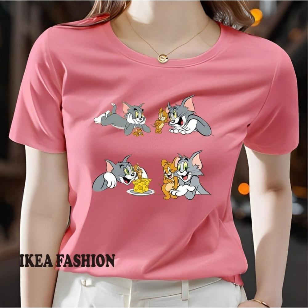 New casual women's printed short sleeved round neck slightly elastic T-shirt for spring and summer, new ins super popular