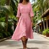 Damen Baumwoll-Leinen Midi Kleid Lässig Rundhalsausschnitt Langarm Schwingkleid Sommer Falten A-Linie Fließendes Kleid