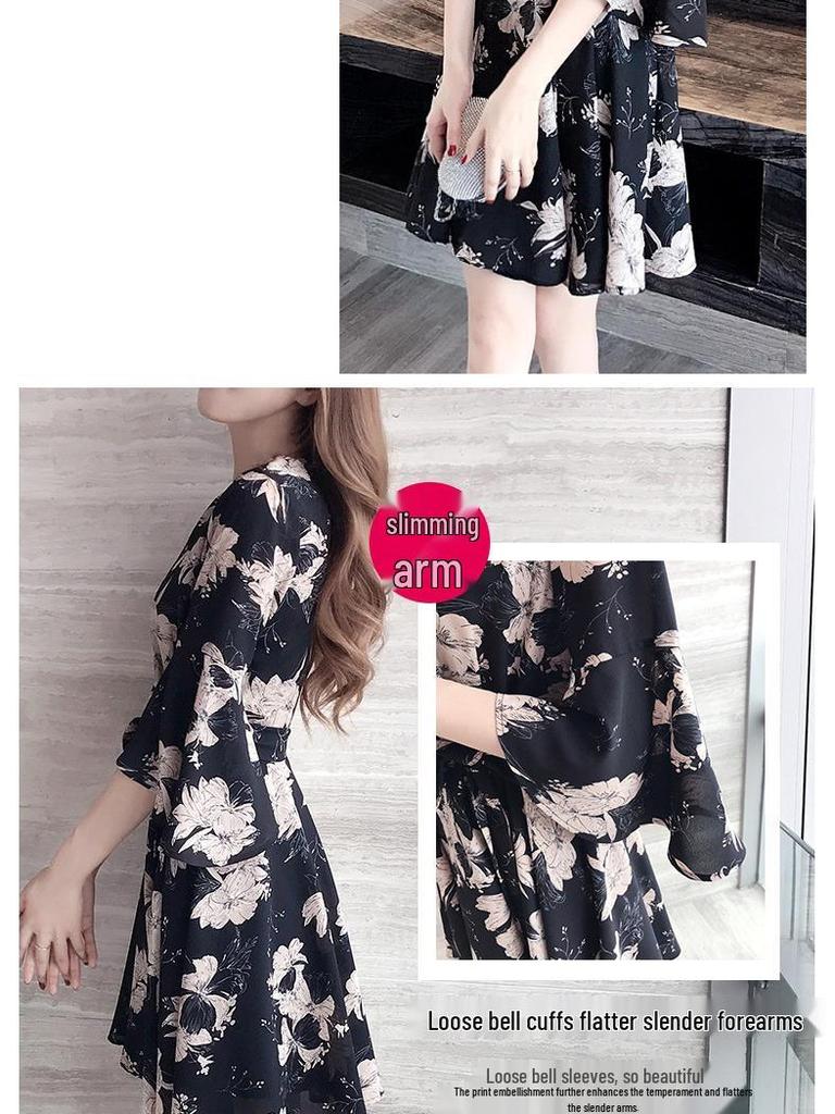 Trendiges Sommer 2019 Blumenmuster Schlankmachendes Koreanischer Stil Kleid für Frauen und Studentinnen