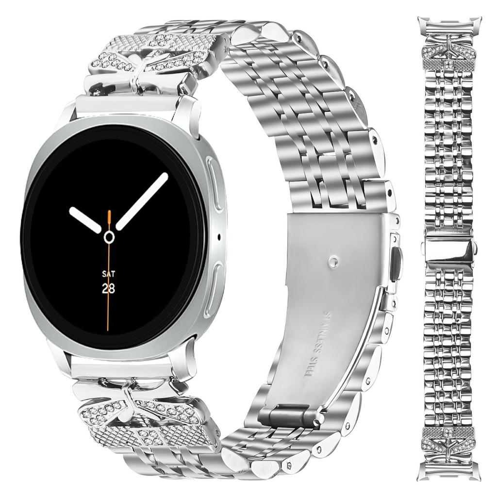 Metal Watch Band for Samsung Galaxy Watch8 44mm/40mm/8 Classic 46mm Rhinestone Butterfly Decor Stainless Steel Silver Wrist Band