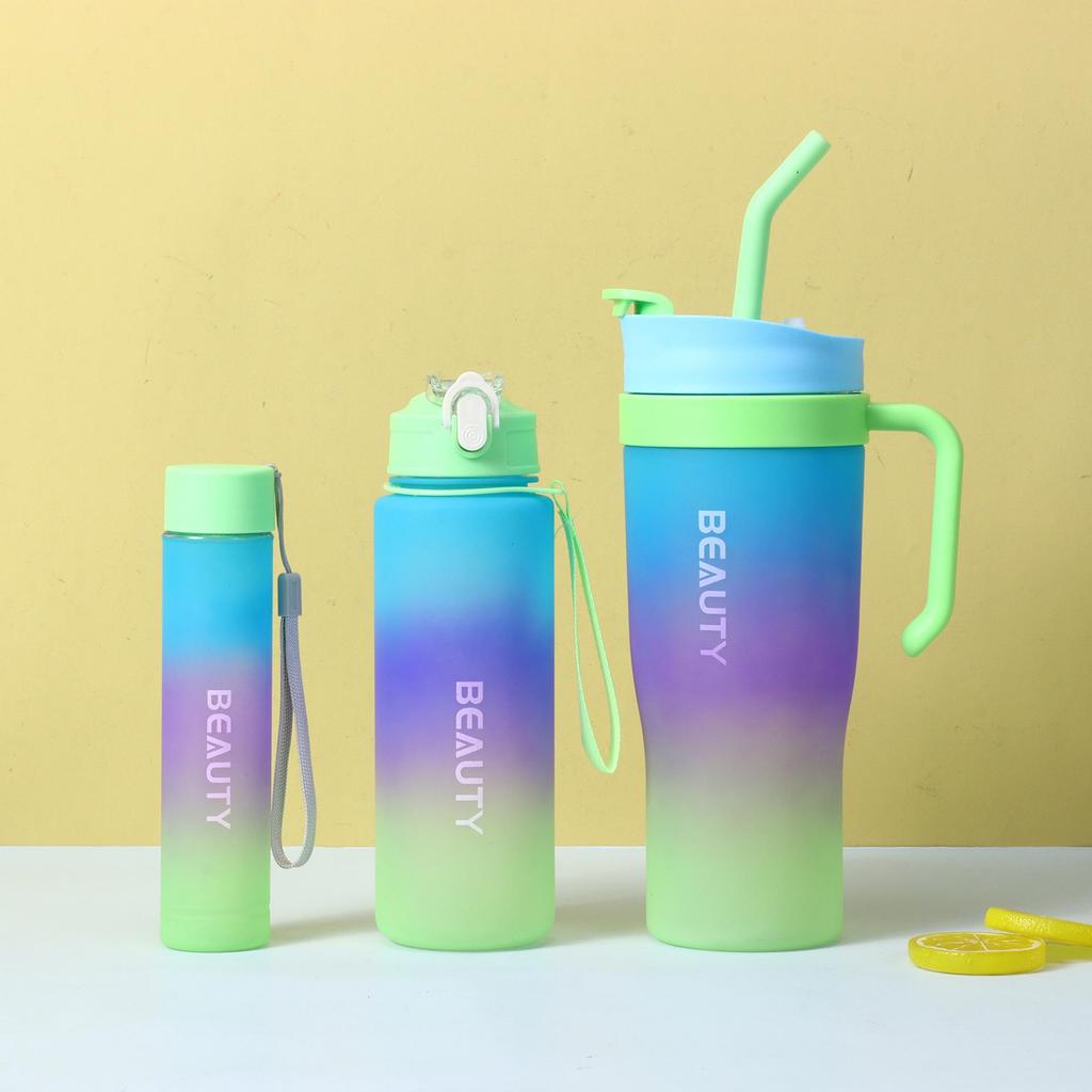 40oz Gradient Plastic Cup Set: Large Capacity, Portable Handle, Ice King Cup with Straw & Lanyard