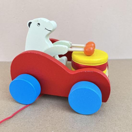 Pull String Wooden Car Toy Toddlers Boys Girls Cartoon Animal Drum Beating Vehicle Toy Educational Motor Skill Early Development Pulling Rope Car