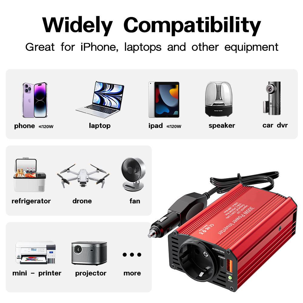 300W Single Phase Car Use Power Supply Inverter with EU Socket DC12V to AC220V/110V Output USB QC3.0 + PD65W Fast Charging
