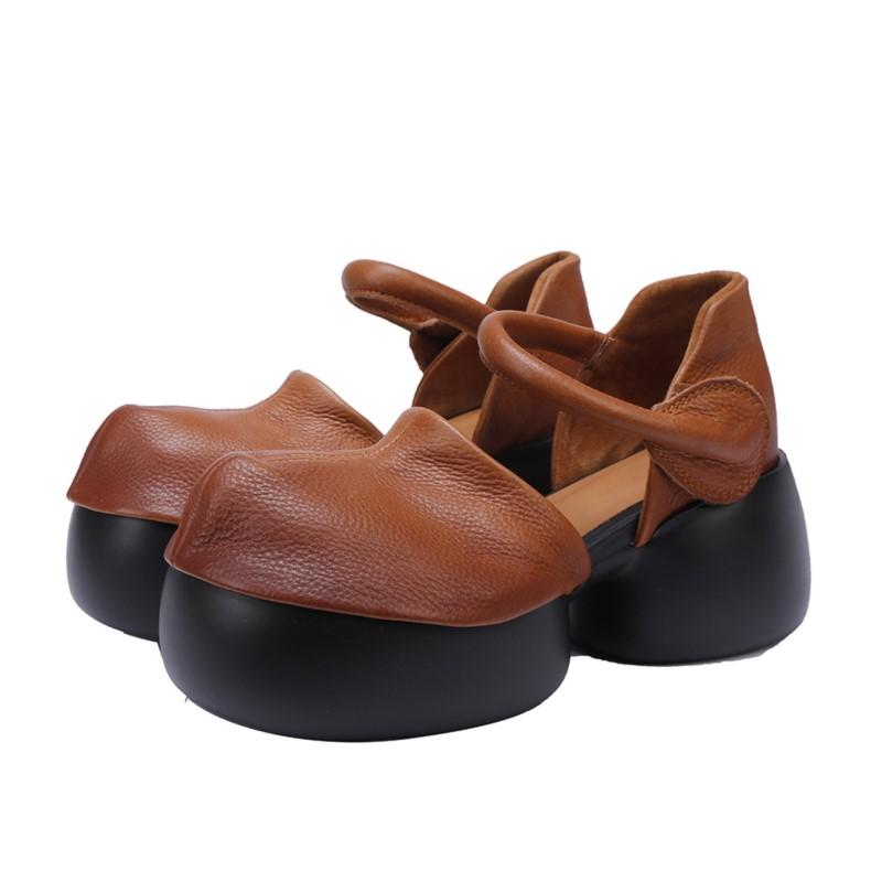 Johnature Vintage Genuine Leather Sandals Round Toe Solid Color Versatile Women's Platform Shoes