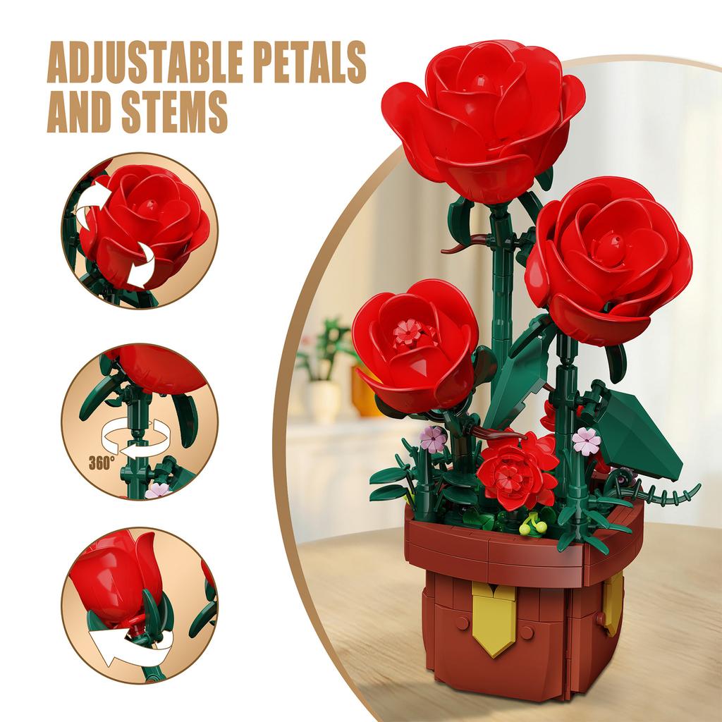 307PCS Rose Potted Plant Constructing Block Flower Playthings Sets Latest Year Christmas Birthday Presents
