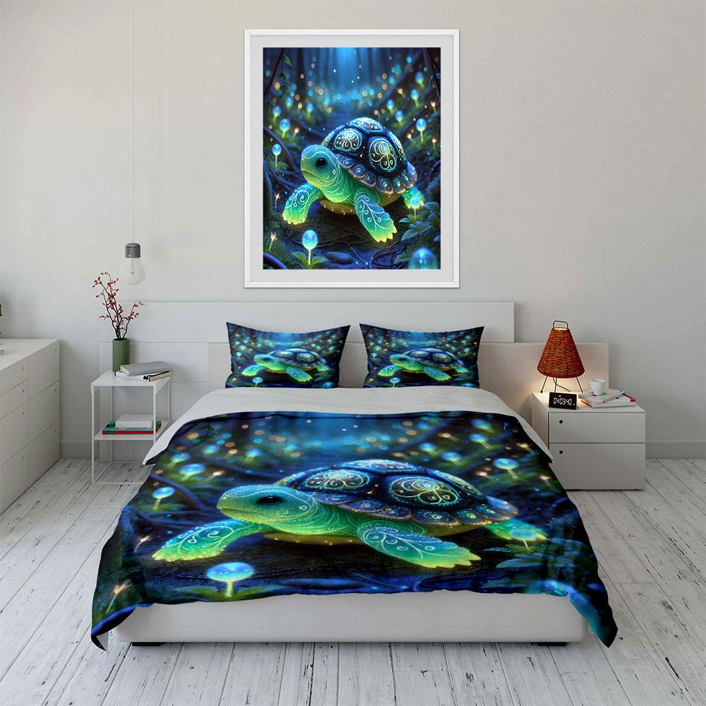 Set Biancheria da Letto Stampa Foresta Magica Tartaruga Luminosa 1 Copripiumino 2 Federe Per Adulti e Bambini Regalo di Lusso Misura Matrimoniale
