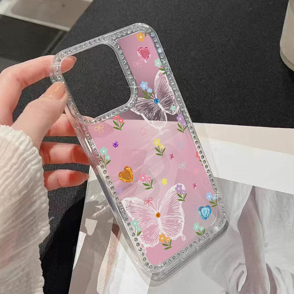 ins smudge butterfly small flower for apple 17promax flash drill mobile phone case iPhone16 large hole 15