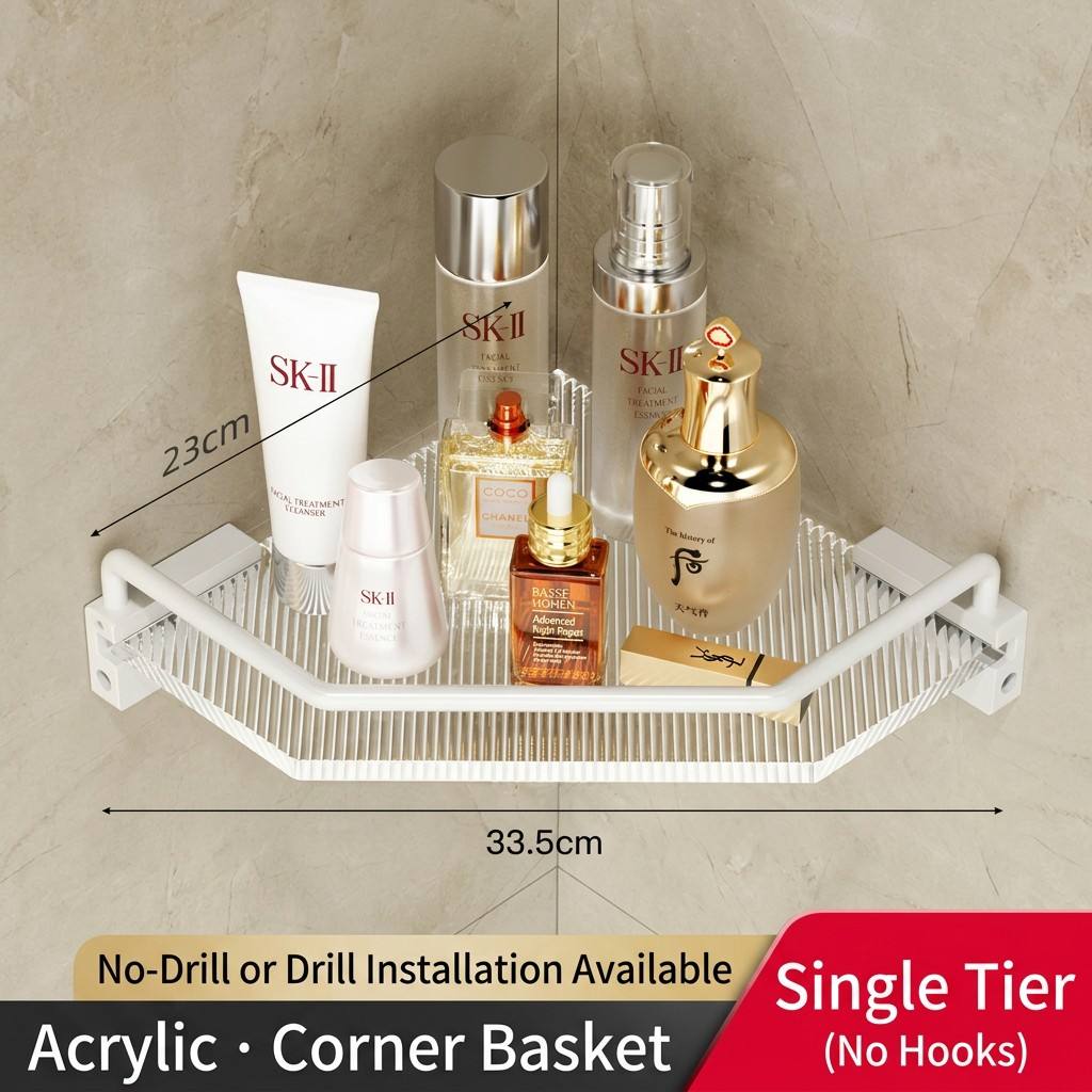 Bathroom Storage Rack, Toilet Corner Shelf, Shower Room Three-legged Rack, No-drill, Acrylic, White