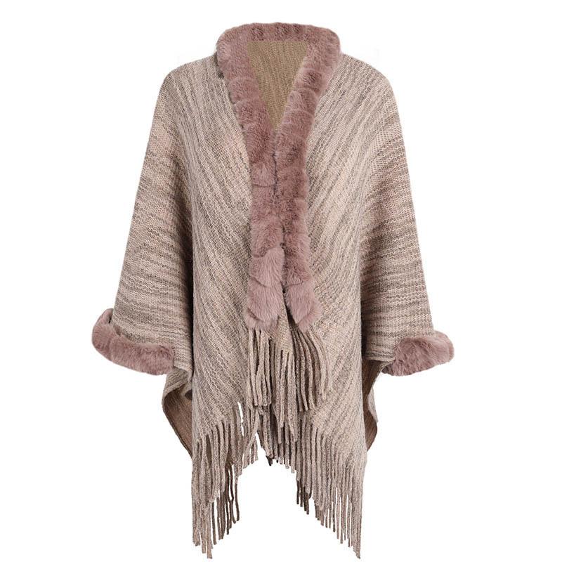 Warm Fur Collar Knitted Shawl Cardigan Cape Shawl Polyester Plus Size Women'S Shawl