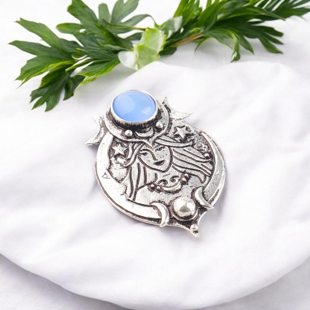 Genuine Dark Blue Cat's Eye 925 Oxidized Silver Necklace Pendant For Women 1.63" CP-22-35