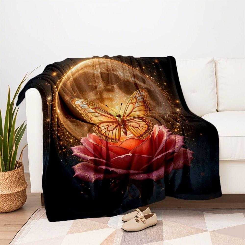"Enchanted Moonlit Rose Butterfly Wall Art Print"Blanket Flannel Throw Blanket for Sofa, Bed, Travel, Camping, Office