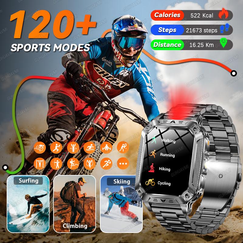 New Outdoors Durable Military Men Smart Watch 1400mAh battery 5ATM Swim LED flashlight+SOS Red Light Sports Call Smartwatch
