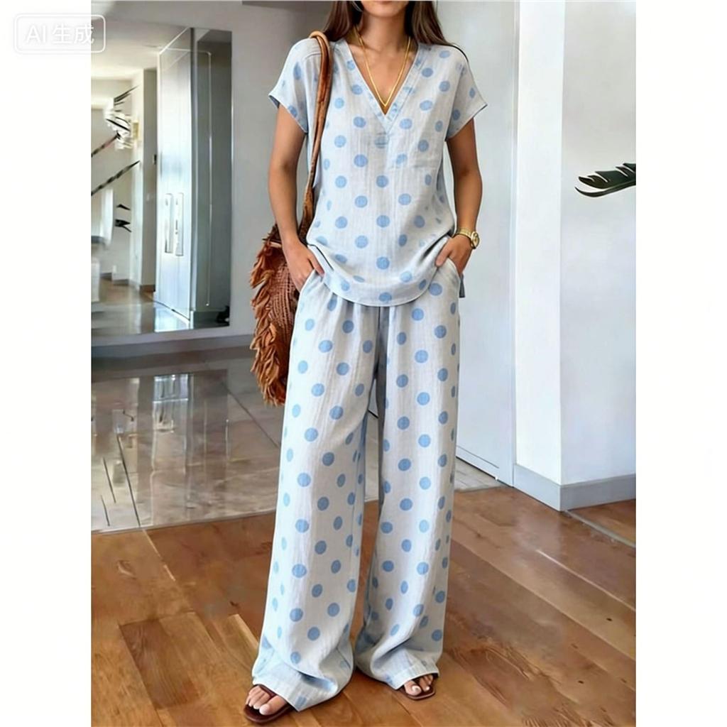 16 overseas hot-selling printing sets, classic European and American style, loose wide-leg pants women's fashion wear two-piece set