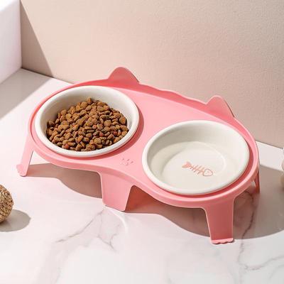 Ceramic Cat Bowl: Slanted, Anti-Tip Double Bowl for Food & Water, Protects Cervical Spine