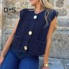 Women Sweater Vest V-neck Sleeveless Button Down Cardigan with Pockets Solid Color Loose Fit Crochet Knit Tops