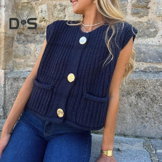 Women Sweater Vest V-neck Sleeveless Button Down Cardigan with Pockets Solid Color Loose Fit Crochet Knit Tops
