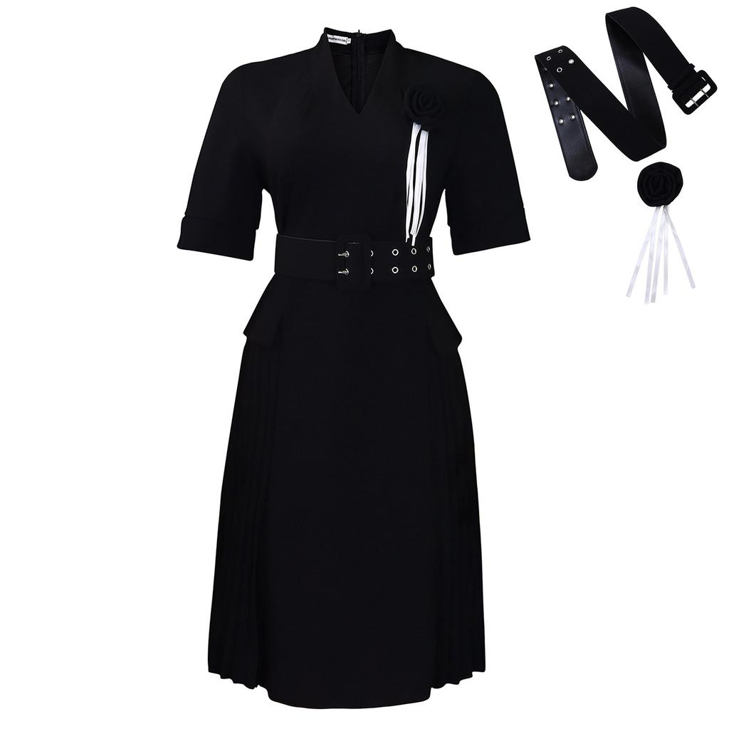 Women's new fashion temperament V-neck solid color large size pleated high waist dress